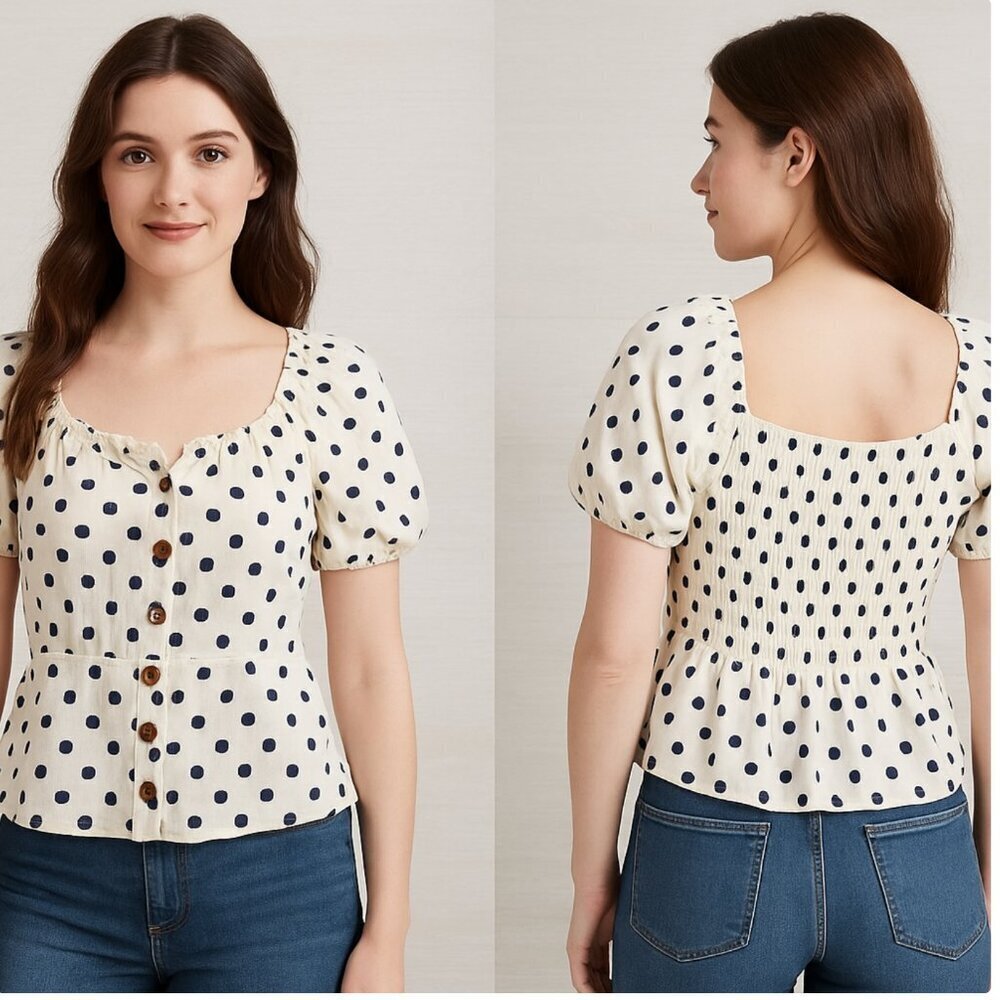 Monteau Women's Small White Polka Dot Short Sleeve Linen Blend Button Up Shirt